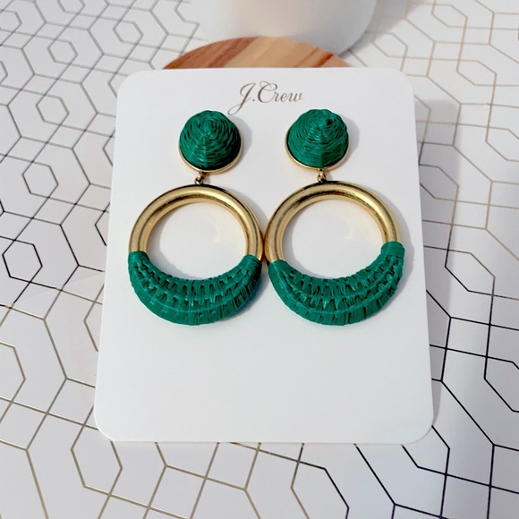 JCREW Faux- Raffia Wrapped Hoop Earrings NWT Summer Green - Picture 6 of 8